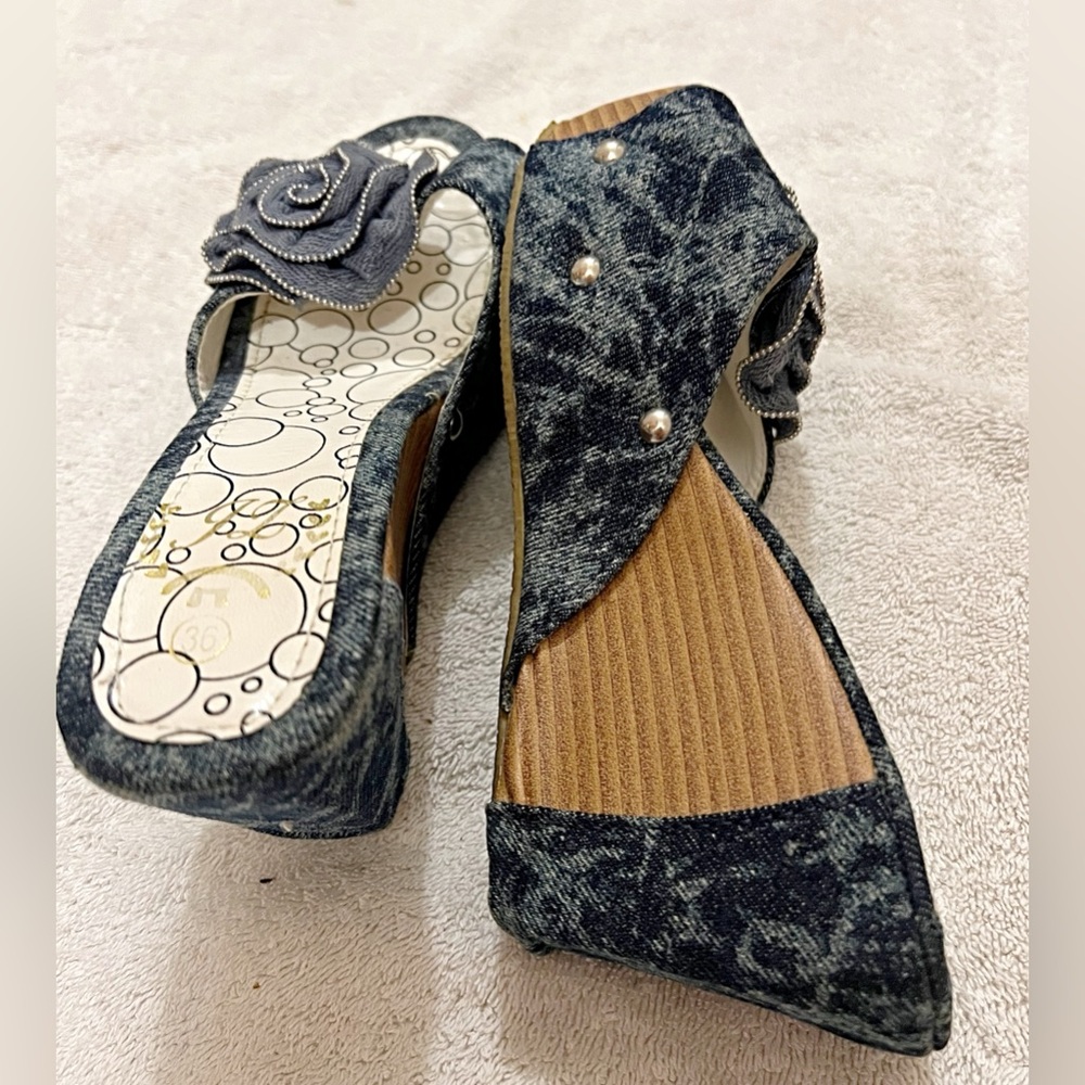 JL - Jean Slip on Slide High Wedge Sandals 👡 with a bow